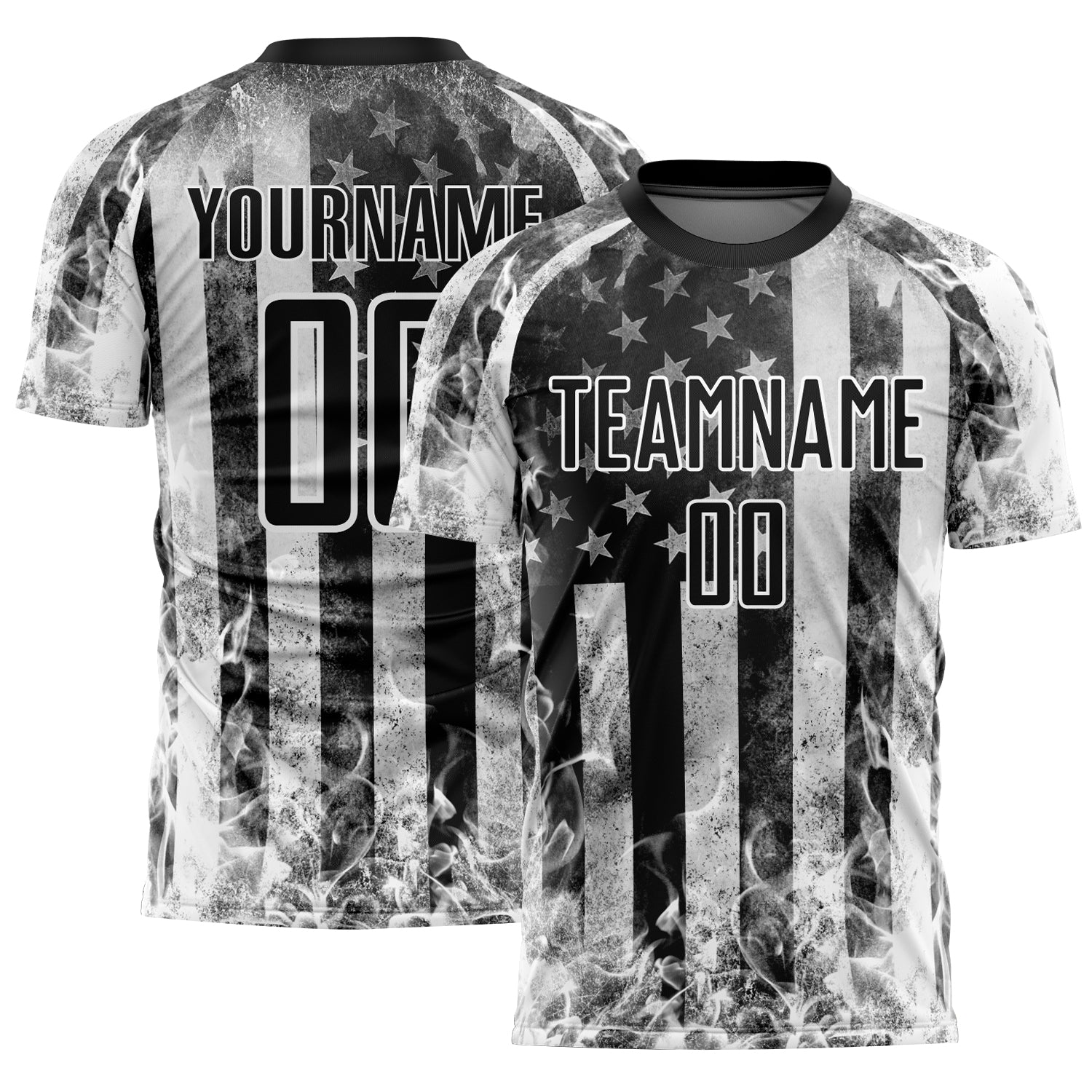 Custom Black Gray-White American Flag Flame Sublimation Soccer Uniform Jersey - Main View