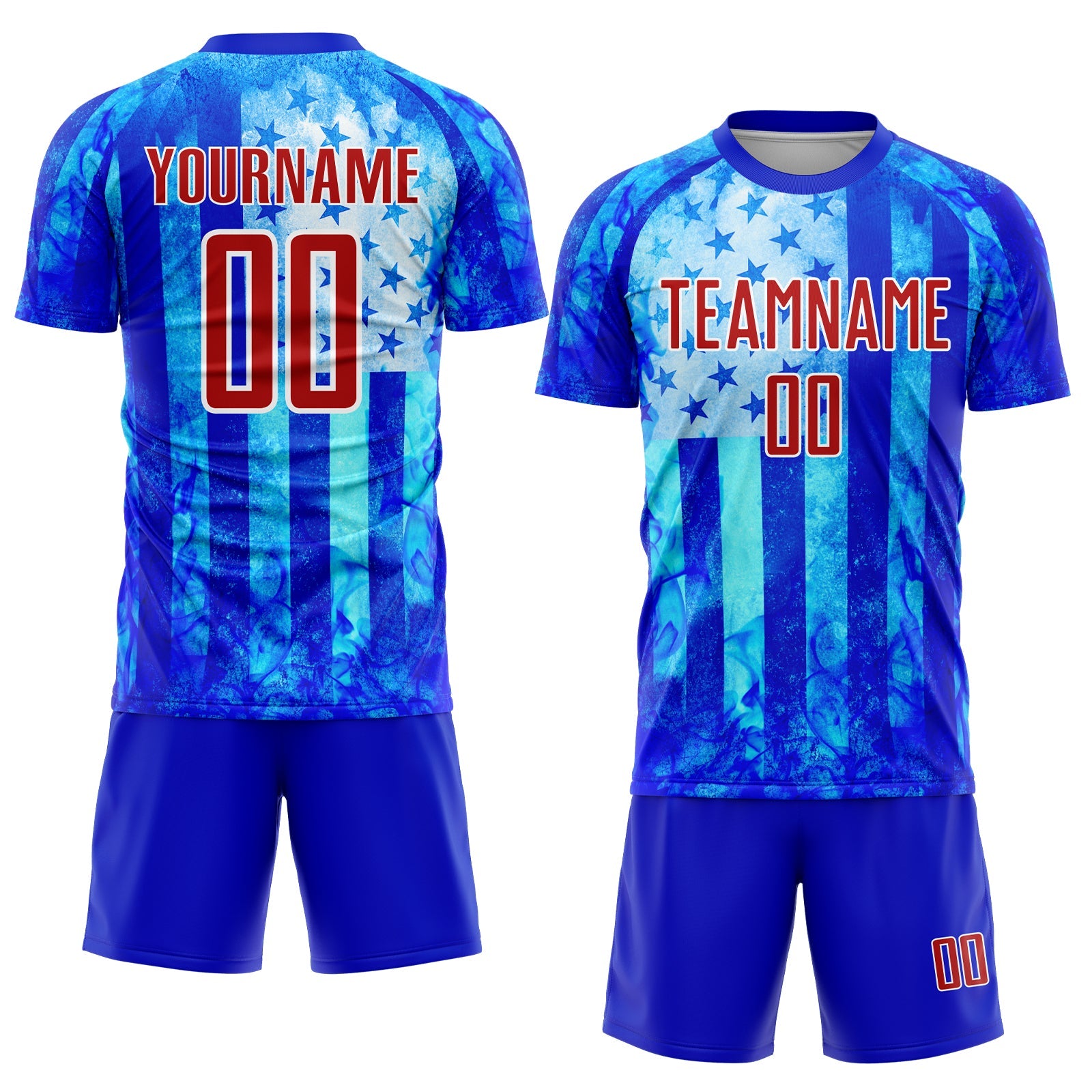Custom Thunder Blue Red-White American Flag Flame Sublimation Soccer Uniform Jersey view 2