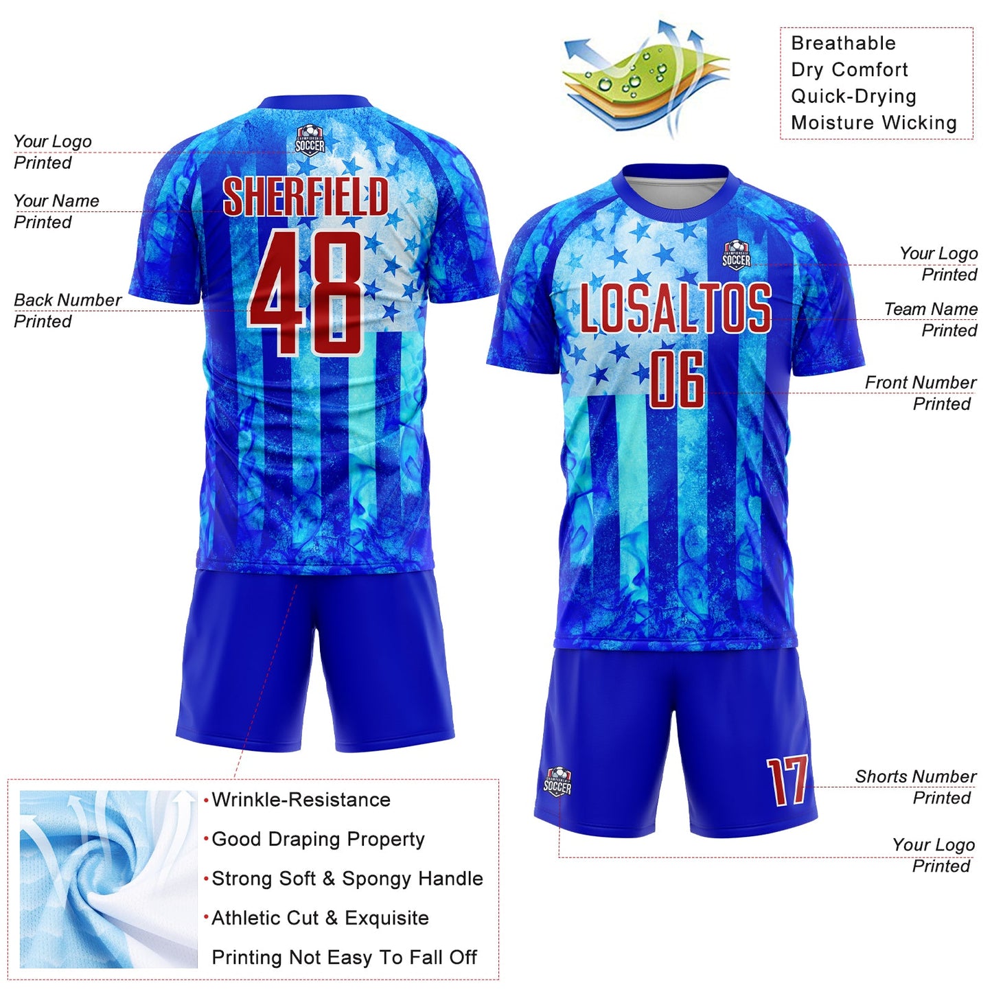 Custom Thunder Blue Red-White American Flag Flame Sublimation Soccer Uniform Jersey view 4
