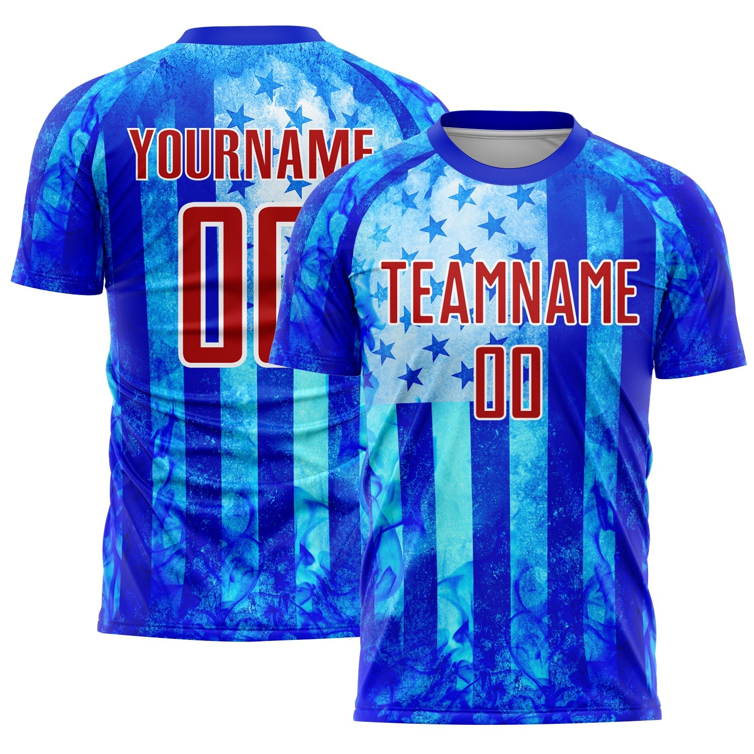 Custom Thunder Blue Red-White American Flag Flame Sublimation Soccer Uniform Jersey - Main View