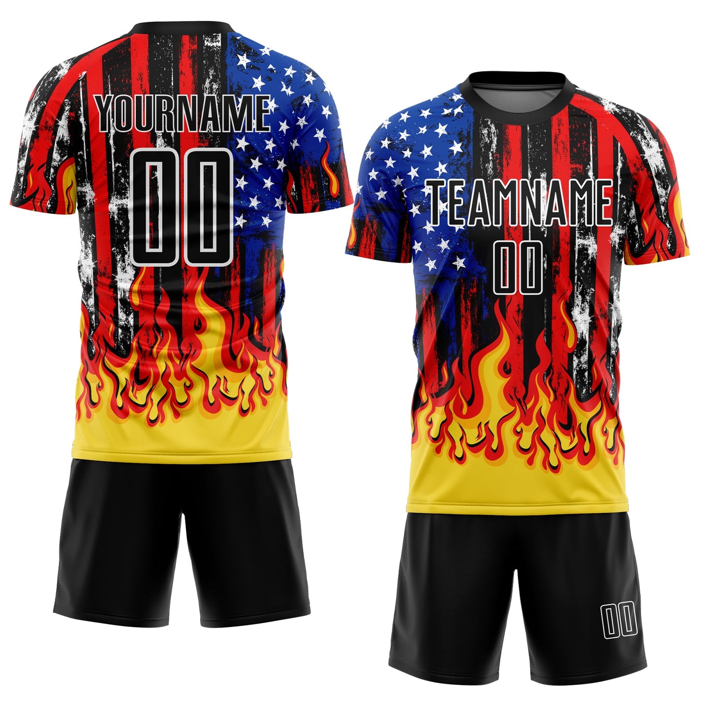 Custom Black Red Royal-Gold American Flag Flame Sublimation Soccer Uniform Jersey view 2