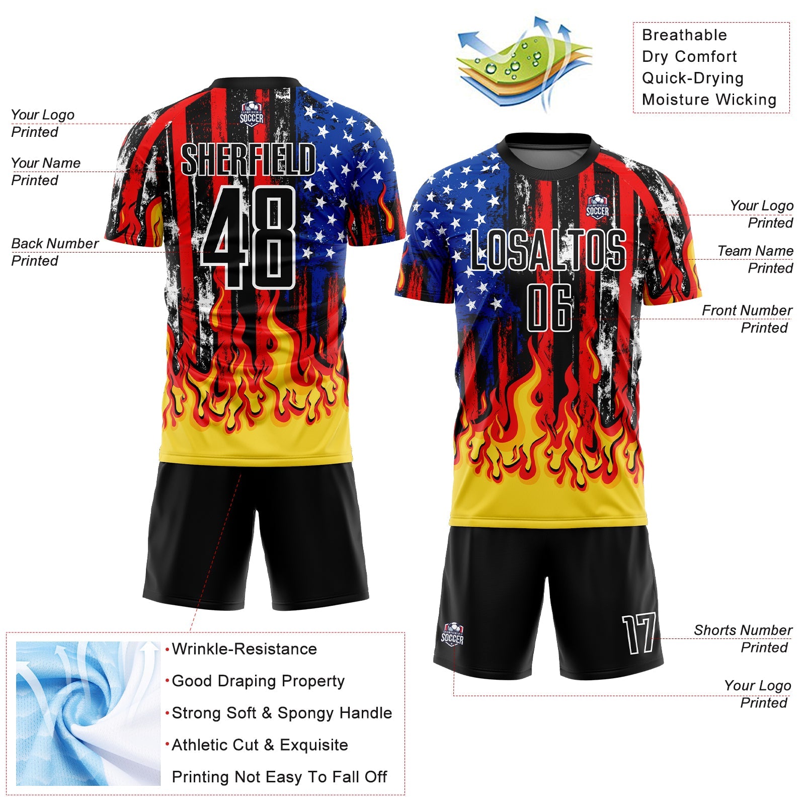 Custom Black Red Royal-Gold American Flag Flame Sublimation Soccer Uniform Jersey view 4