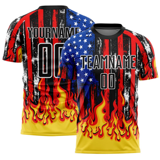 Custom Black Red Royal-Gold American Flag Flame Sublimation Soccer Uniform Jersey - Main View