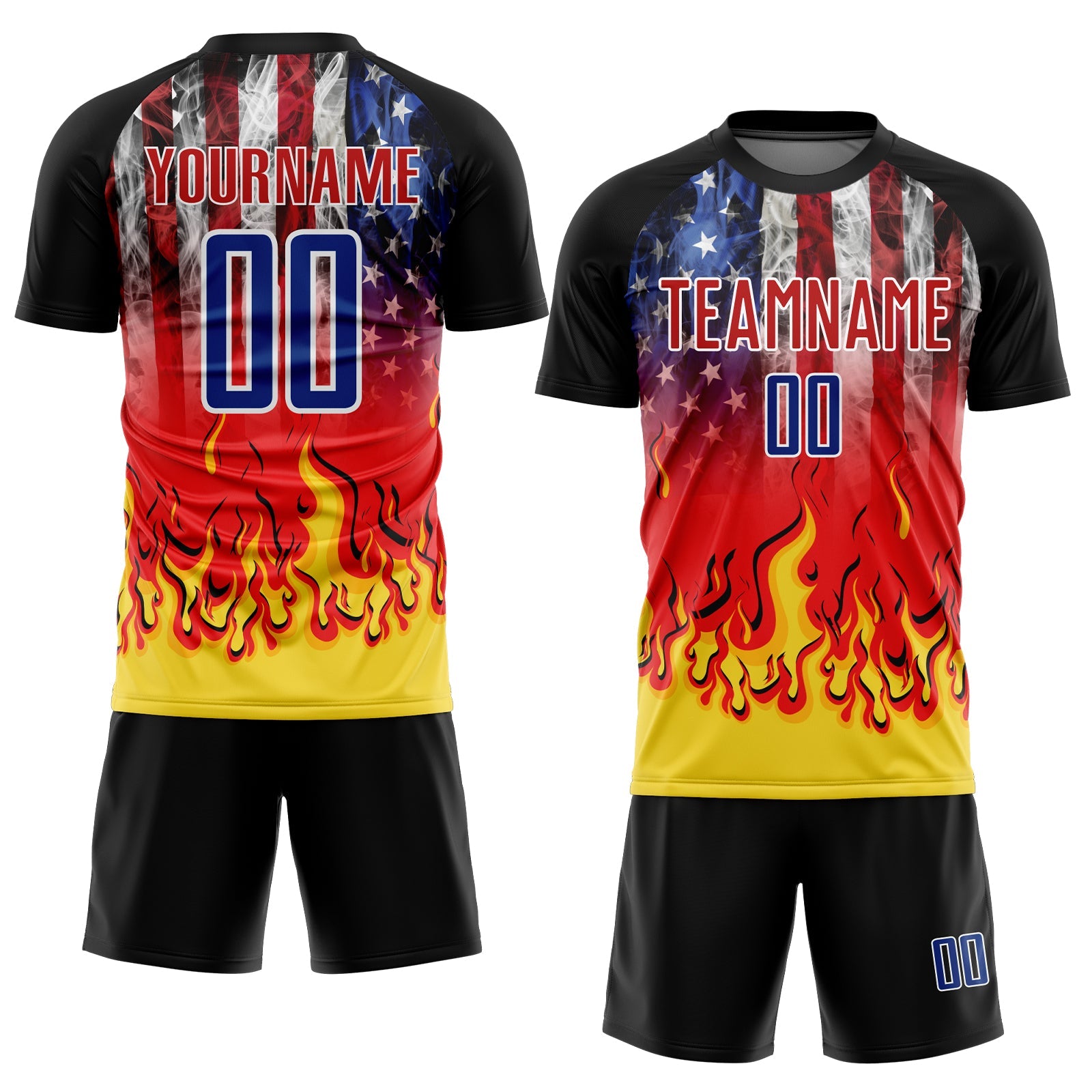 Custom Black Royal Red-Gold American Flag Flame Sublimation Soccer Uniform Jersey view 2