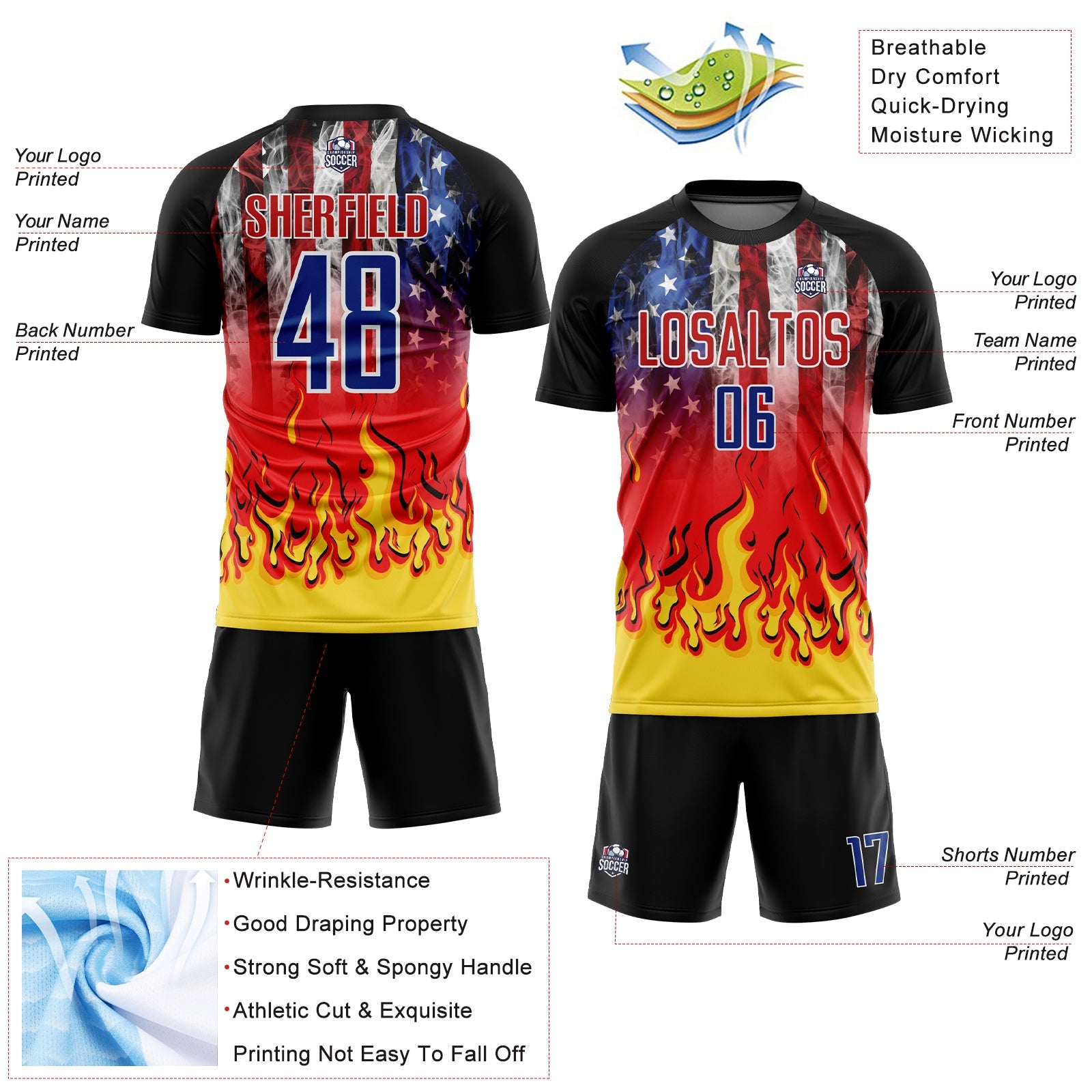 Custom Black Royal Red-Gold American Flag Flame Sublimation Soccer Uniform Jersey view 4