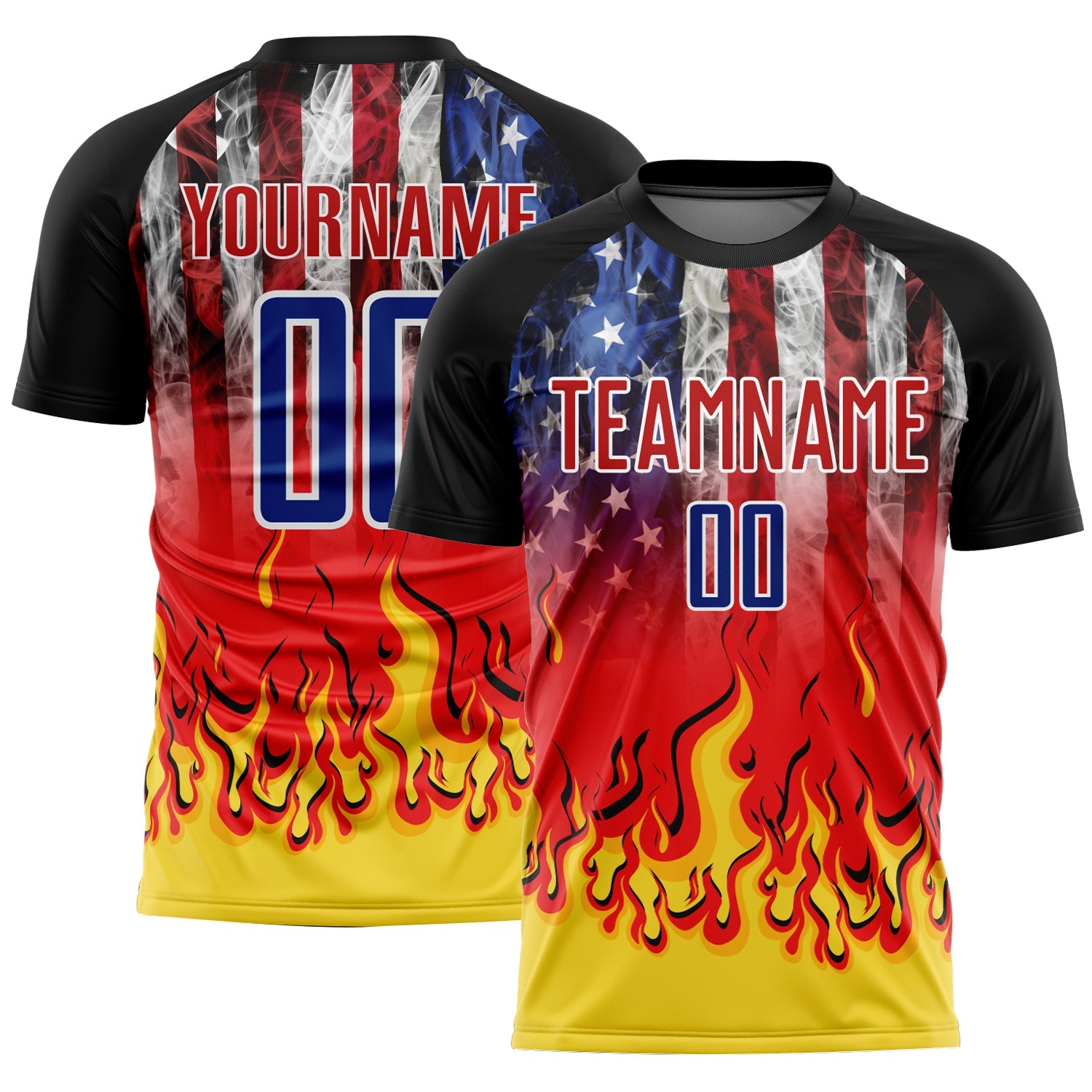 Custom Black Royal Red-Gold American Flag Flame Sublimation Soccer Uniform Jersey - Main View