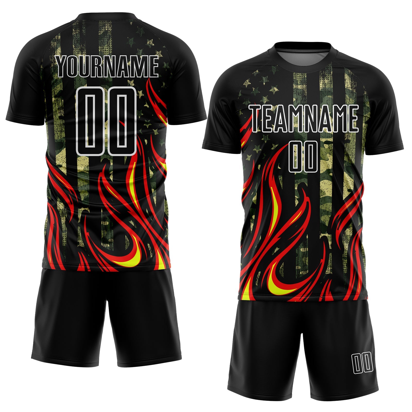 Custom Camo Black Red-Gold Flame Sublimation Salute To Service Soccer Uniform Jersey view 2