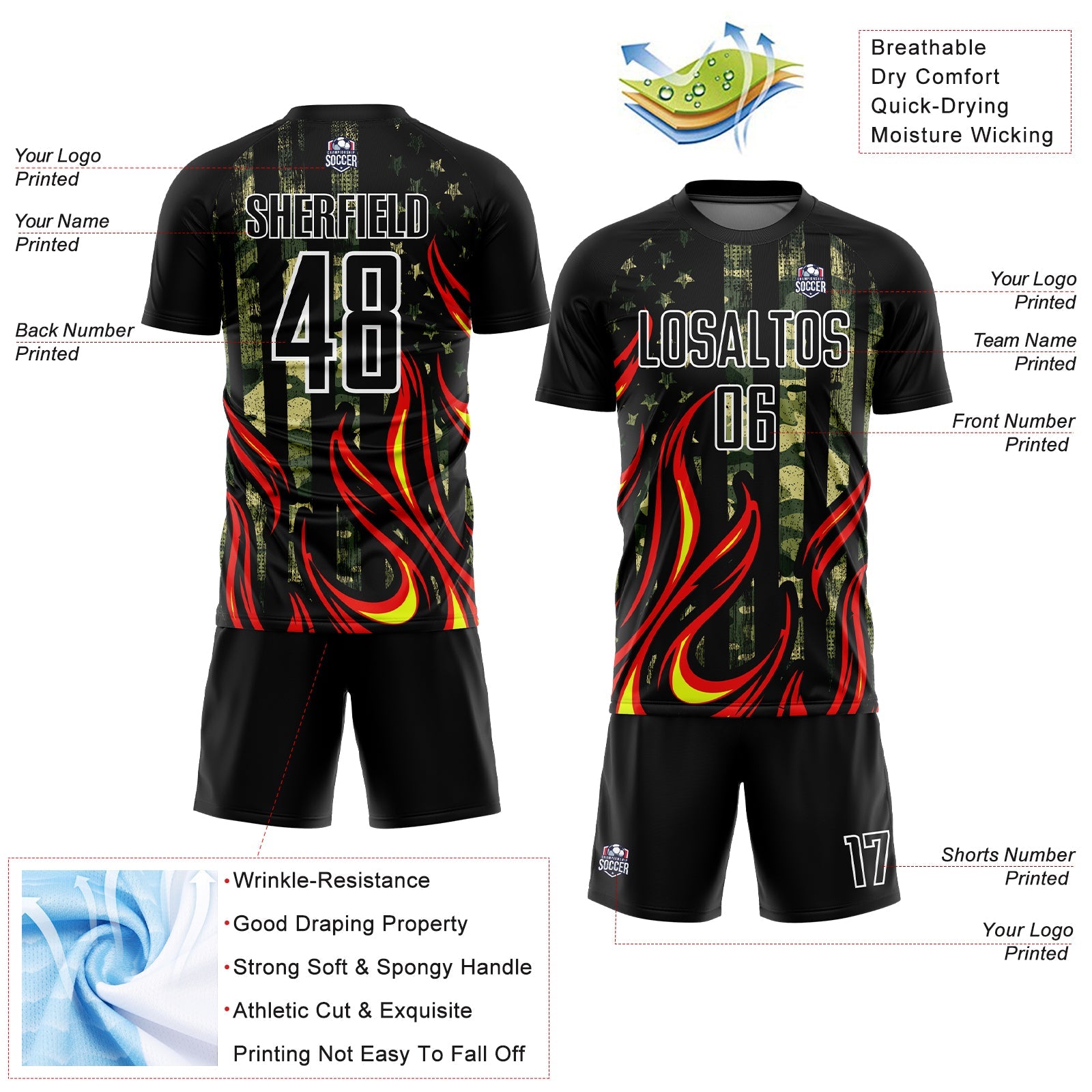 Custom Camo Black Red-Gold Flame Sublimation Salute To Service Soccer Uniform Jersey view 4