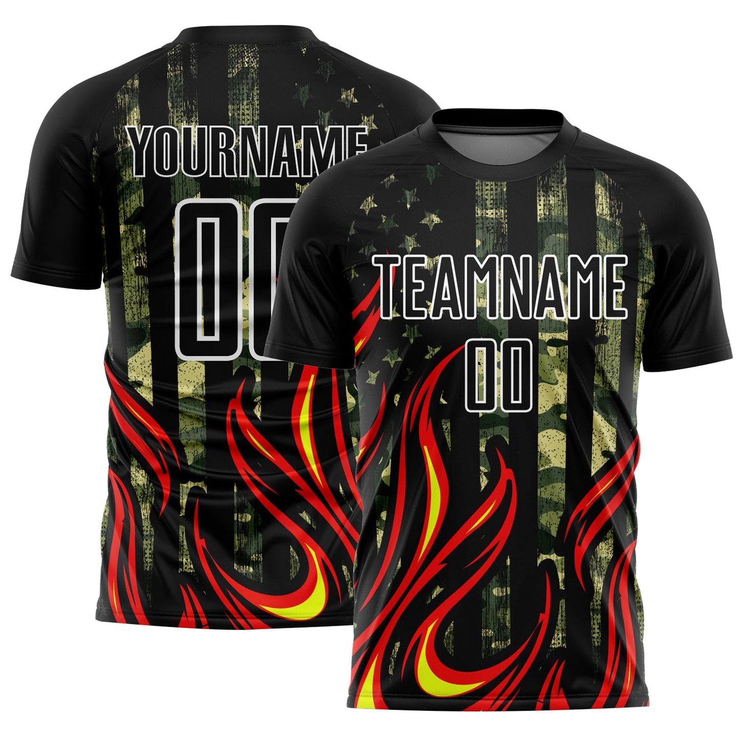 Custom Camo Black Red-Gold Flame Sublimation Salute To Service Soccer Uniform Jersey - Main View