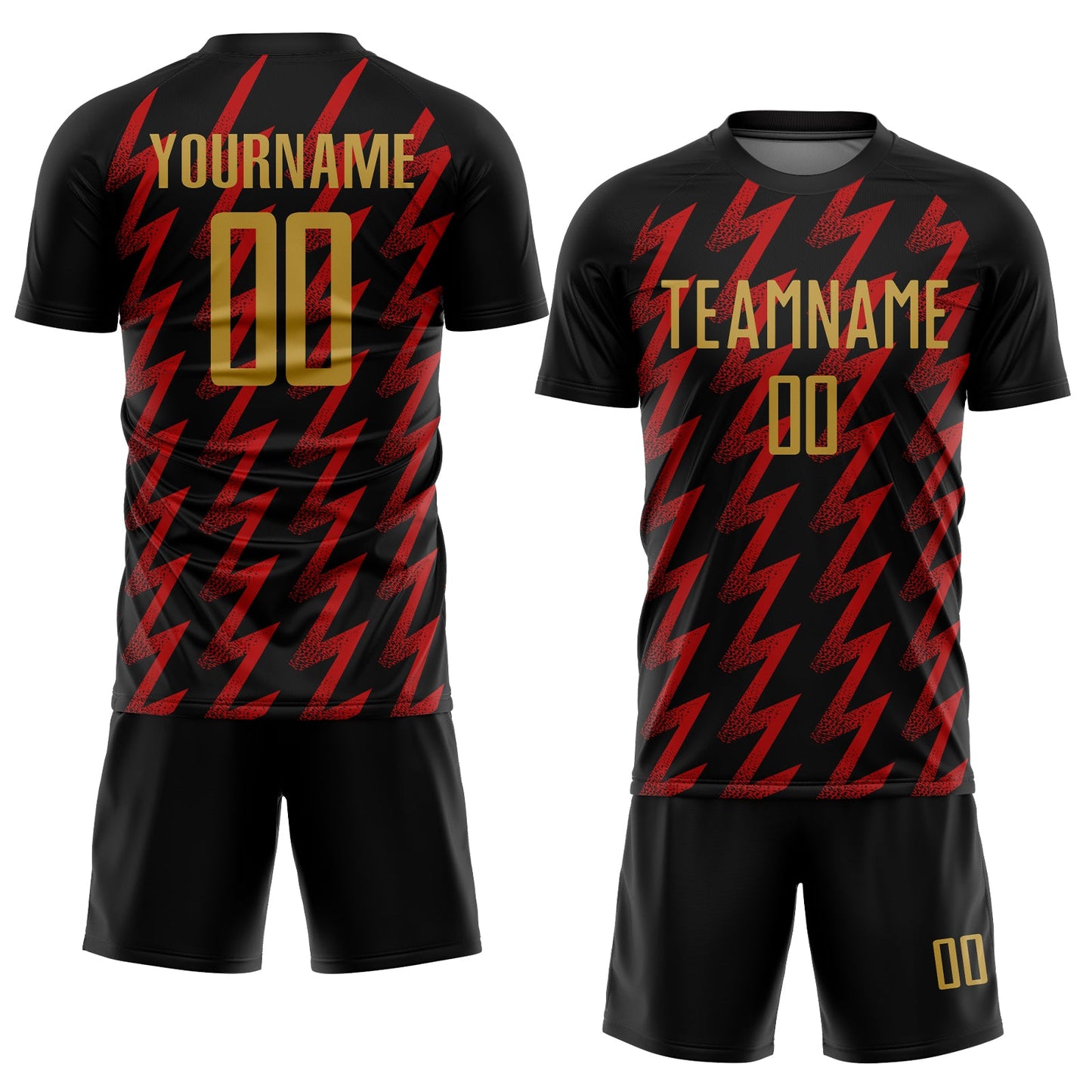 Custom Black Old Gold-Red Zigzag Shape Sublimation Soccer Uniform Jersey view 2