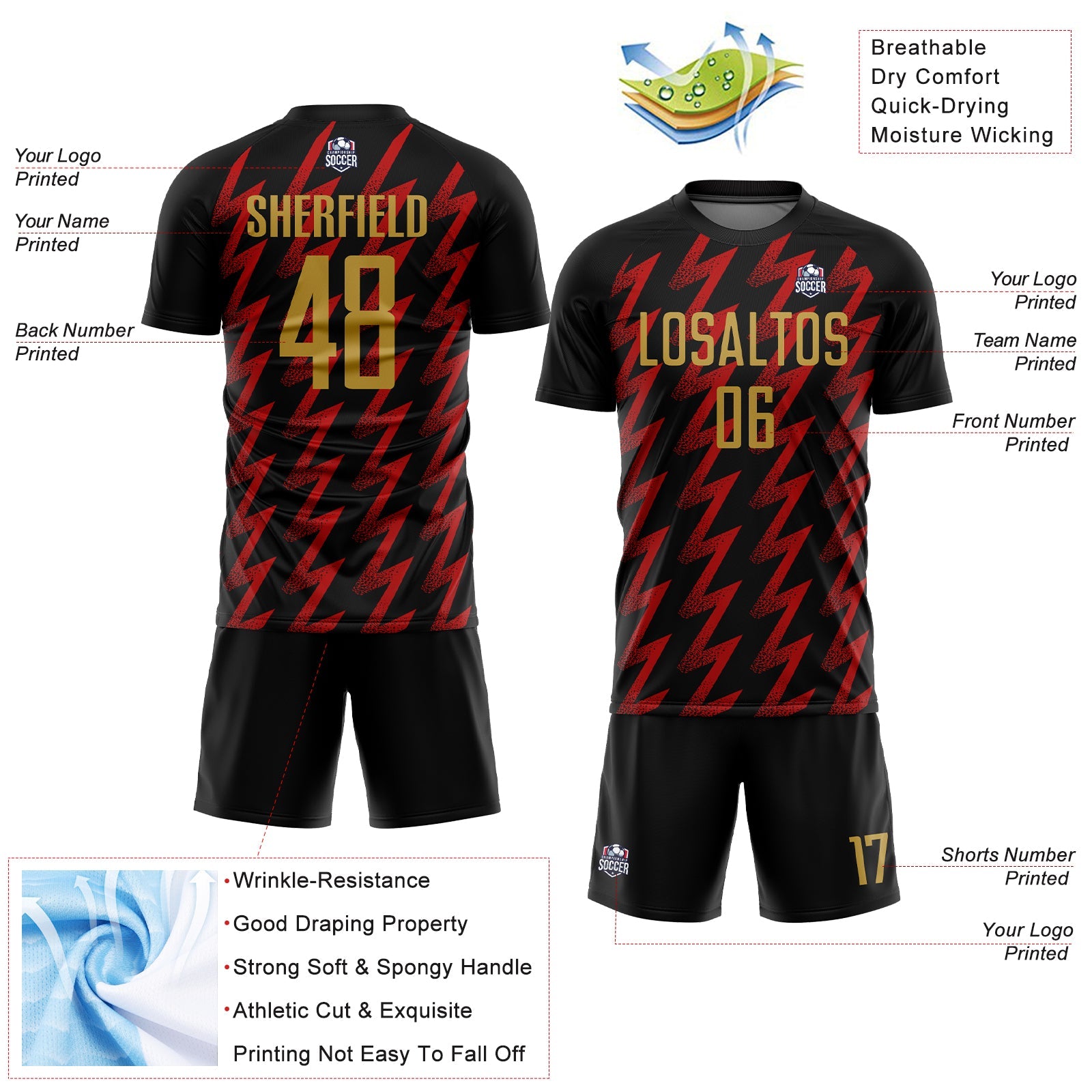 Custom Black Old Gold-Red Zigzag Shape Sublimation Soccer Uniform Jersey view 4