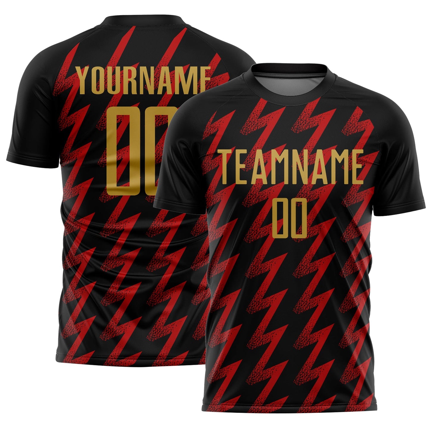 Custom Black Old Gold-Red Zigzag Shape Sublimation Soccer Uniform Jersey - Main View