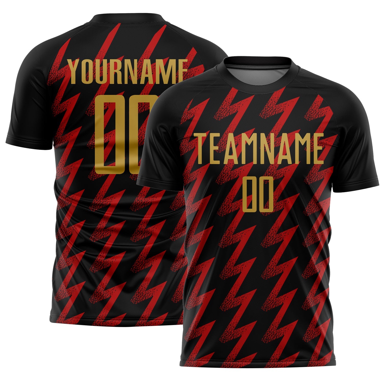 Custom Black Old Gold-Red Zigzag Shape Sublimation Soccer Uniform Jersey - Main View