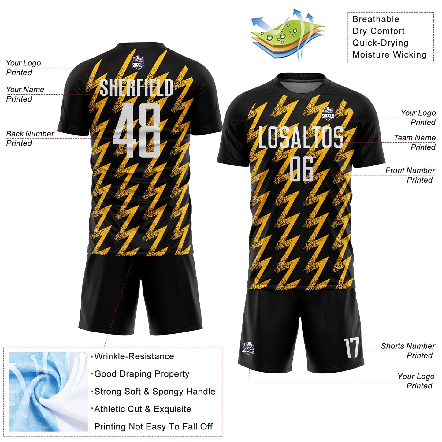 Custom Black White-Gold Zigzag Shape Sublimation Soccer Uniform Jersey view 4