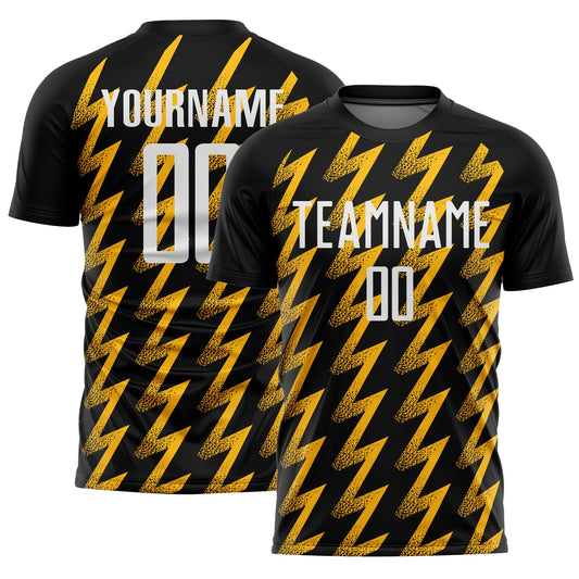 Custom Black White-Gold Zigzag Shape Sublimation Soccer Uniform Jersey - Main View