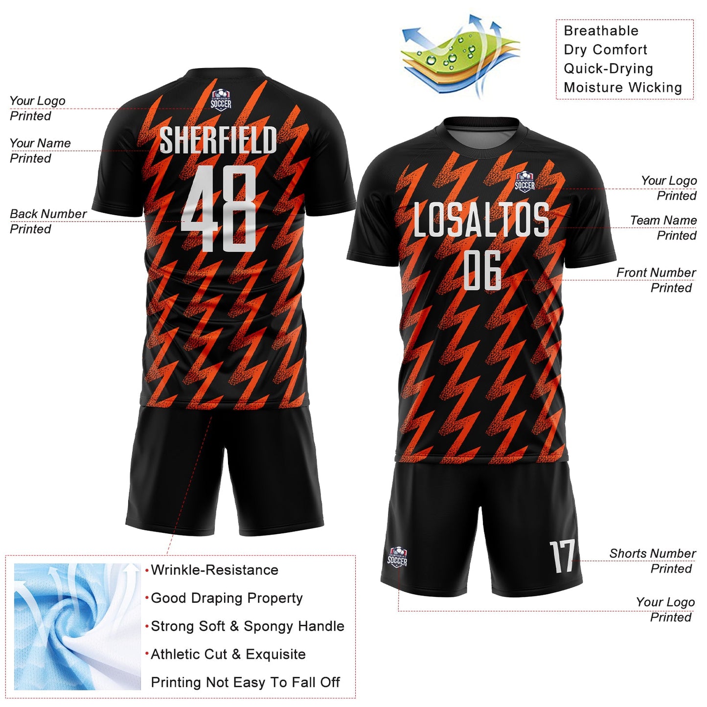 Custom Black White-Orange Zigzag Shape Sublimation Soccer Uniform Jersey view 4