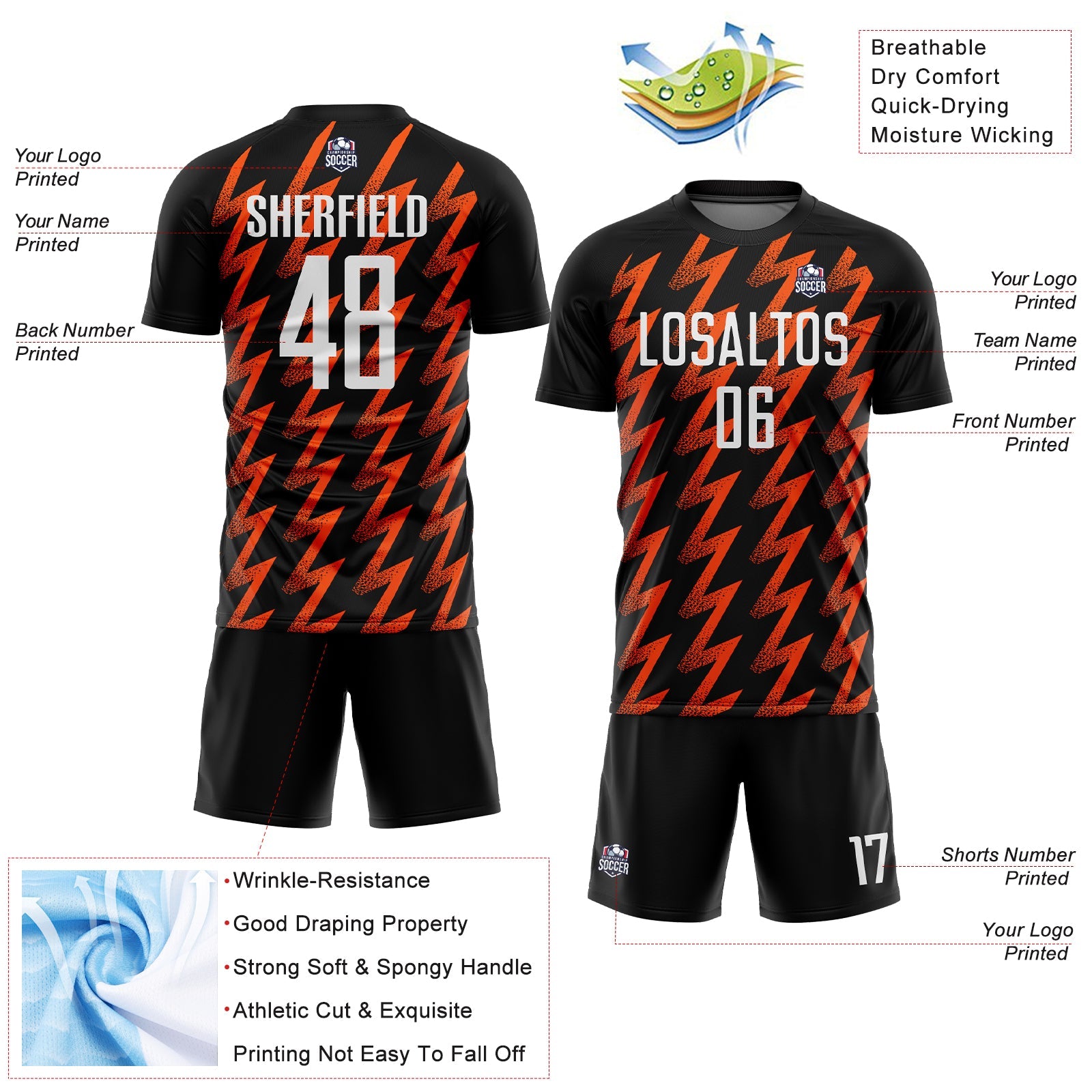 Custom Black White-Orange Zigzag Shape Sublimation Soccer Uniform Jersey view 4