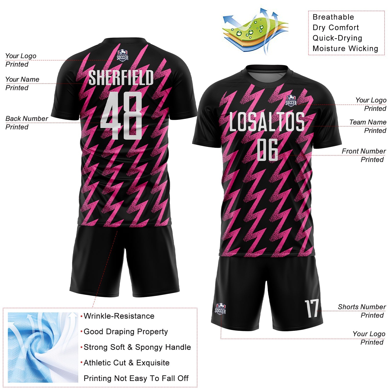 Custom Black White-Pink Zigzag Shape Sublimation Soccer Uniform Jersey view 4