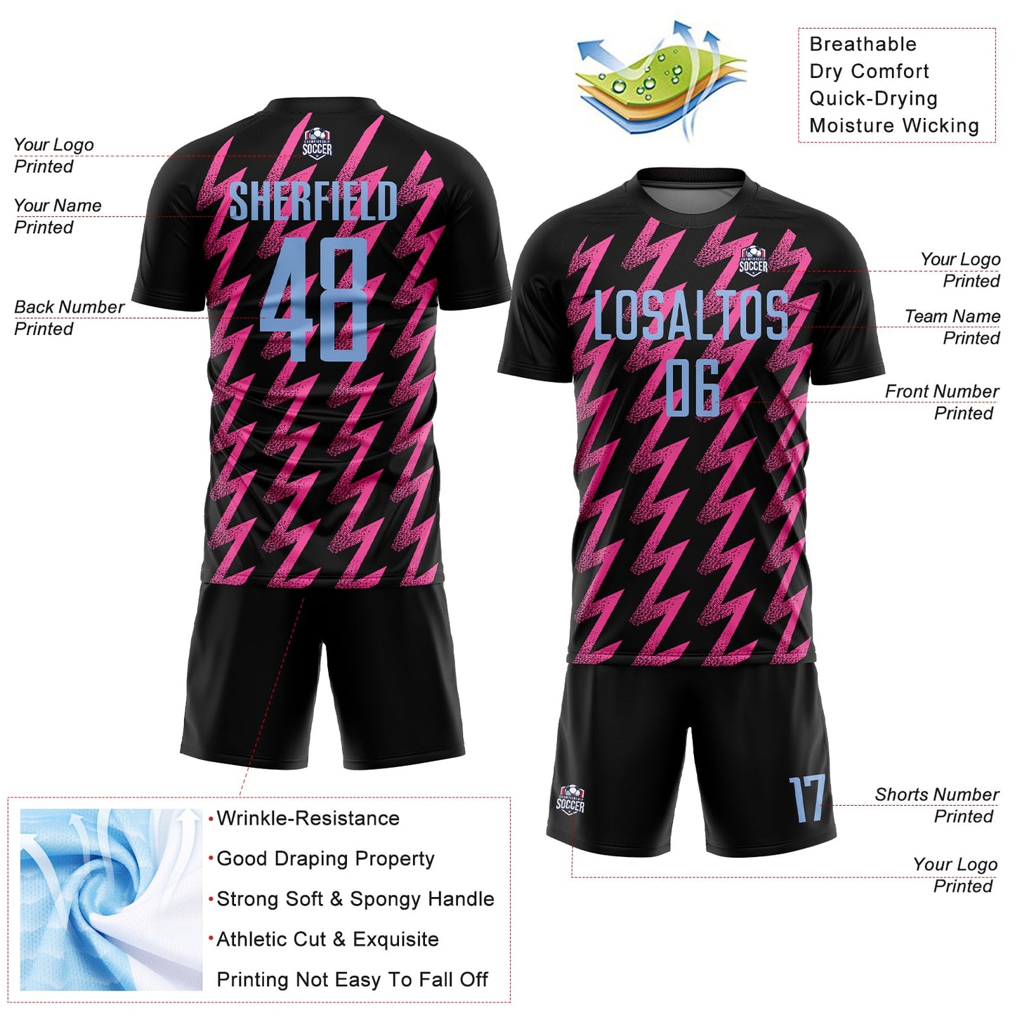 Custom Black Light Blue-Pink Zigzag Shape Sublimation Soccer Uniform Jersey view 4