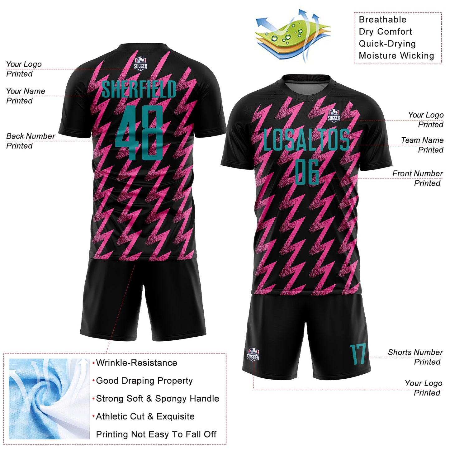 Custom Black Teal-Pink Zigzag Shape Sublimation Soccer Uniform Jersey view 4