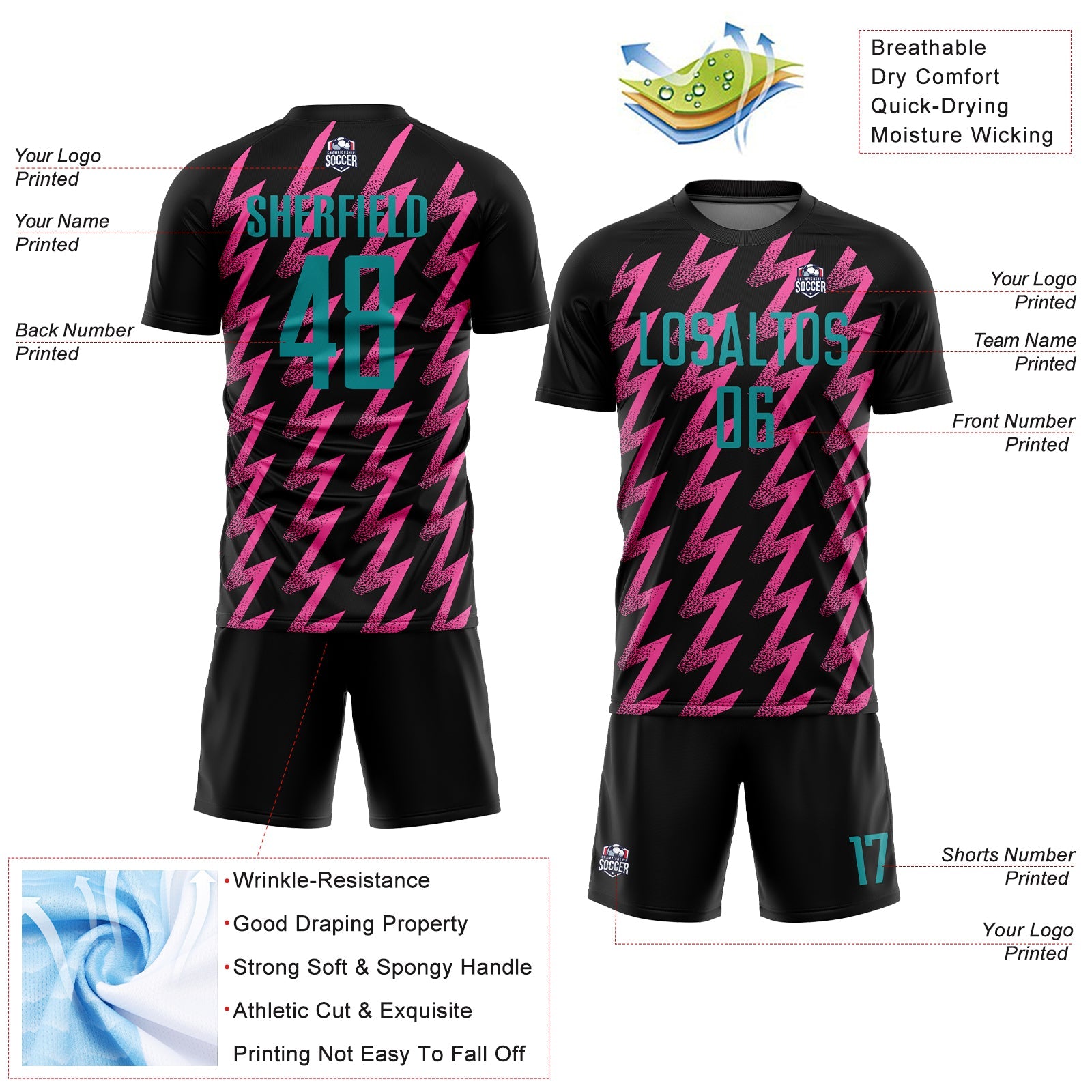 Custom Black Teal-Pink Zigzag Shape Sublimation Soccer Uniform Jersey view 4