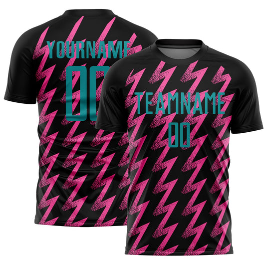 Custom Black Teal-Pink Zigzag Shape Sublimation Soccer Uniform Jersey - Main View