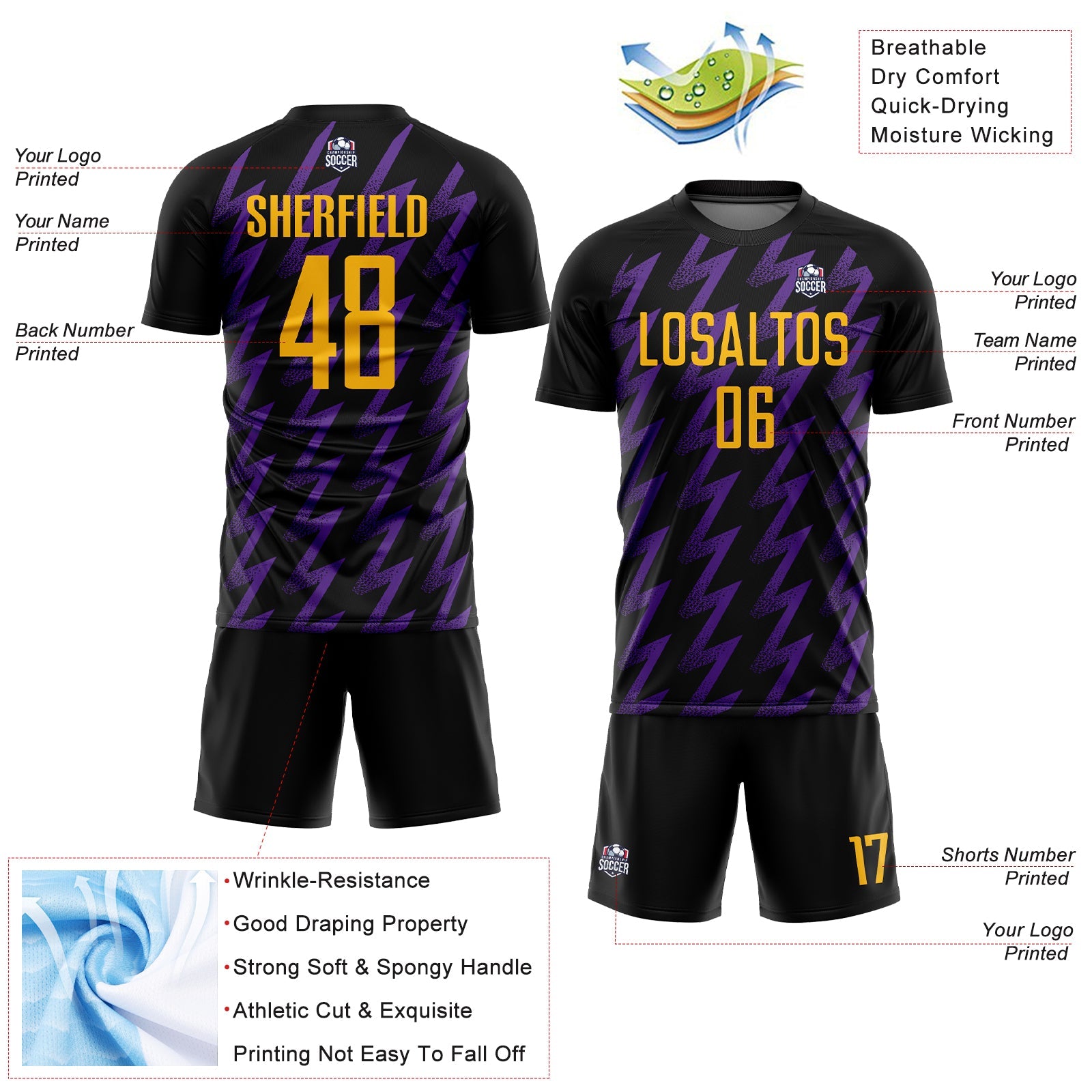 Custom Black Gold-Purple Zigzag Shape Sublimation Soccer Uniform Jersey view 4