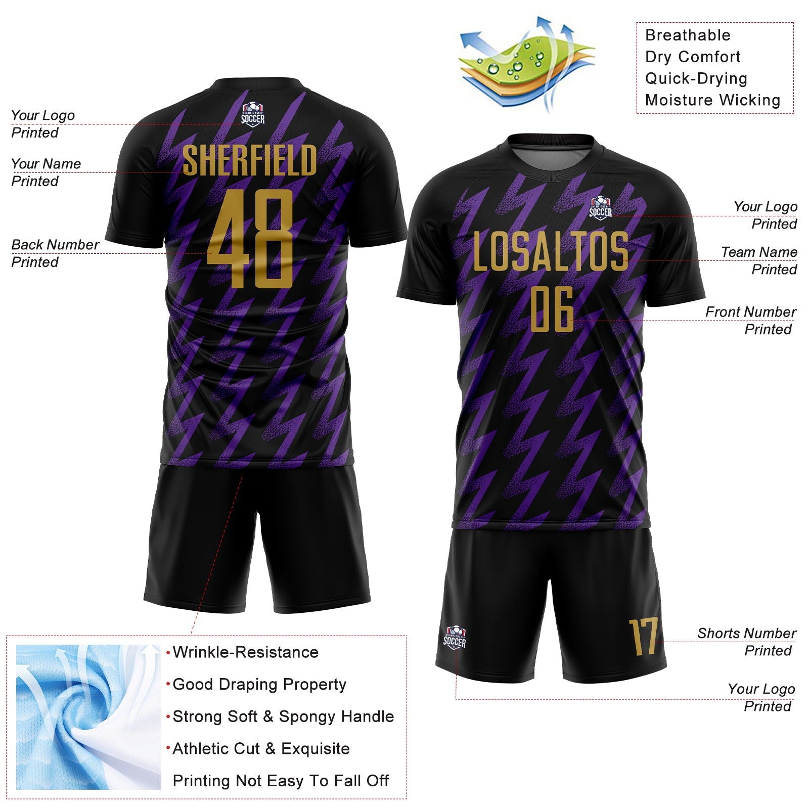 Custom Black Old Gold-Purple Zigzag Shape Sublimation Soccer Uniform Jersey view 4