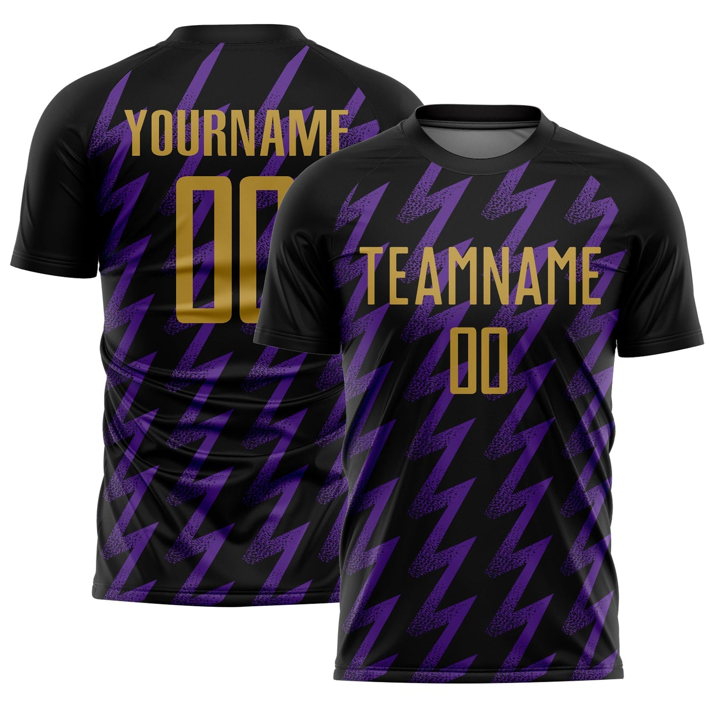 Custom Black Old Gold-Purple Zigzag Shape Sublimation Soccer Uniform Jersey - Main View