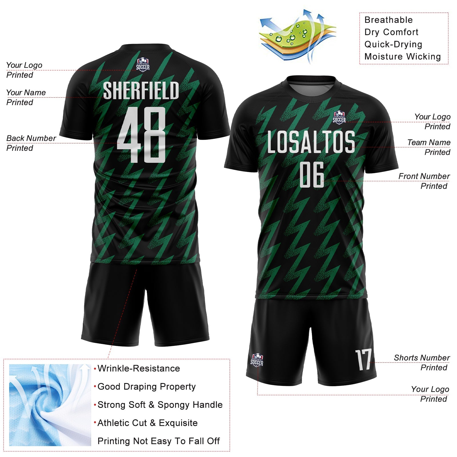 Custom Black White-Kelly Green Zigzag Shape Sublimation Soccer Uniform Jersey view 4
