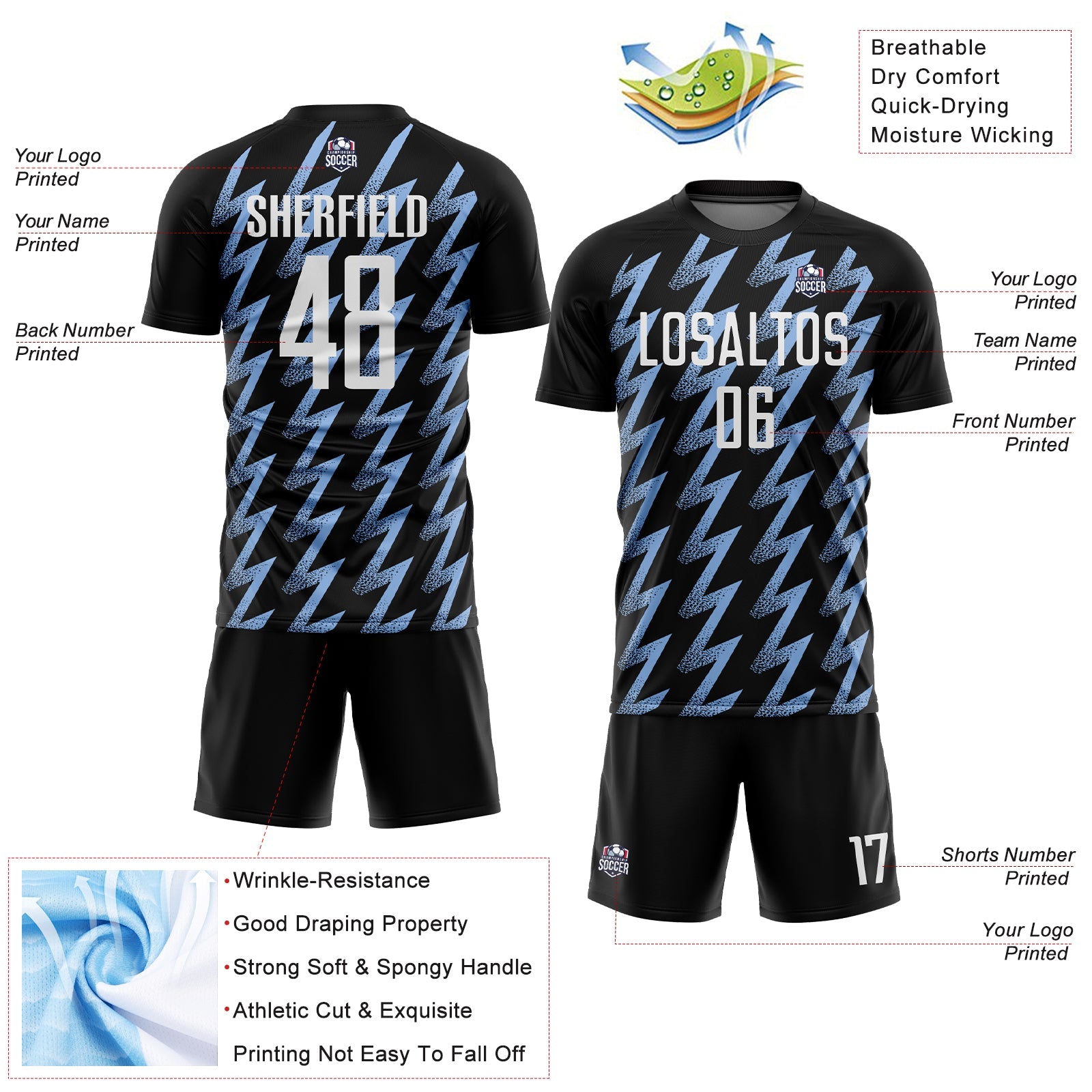 Custom Black White-Light Blue Zigzag Shape Sublimation Soccer Uniform Jersey view 4