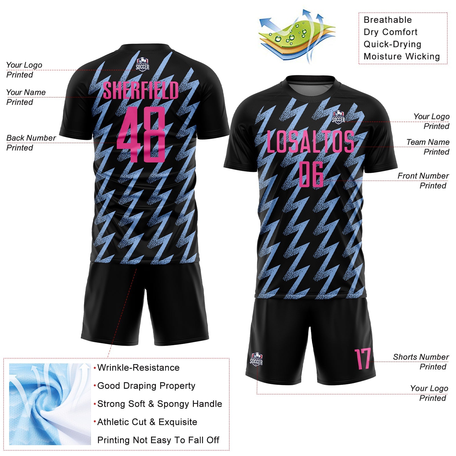 Custom Black Pink-Light Blue Zigzag Shape Sublimation Soccer Uniform Jersey view 4