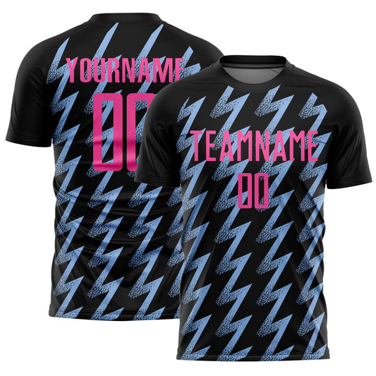 Custom Black Pink-Light Blue Zigzag Shape Sublimation Soccer Uniform Jersey - Main View