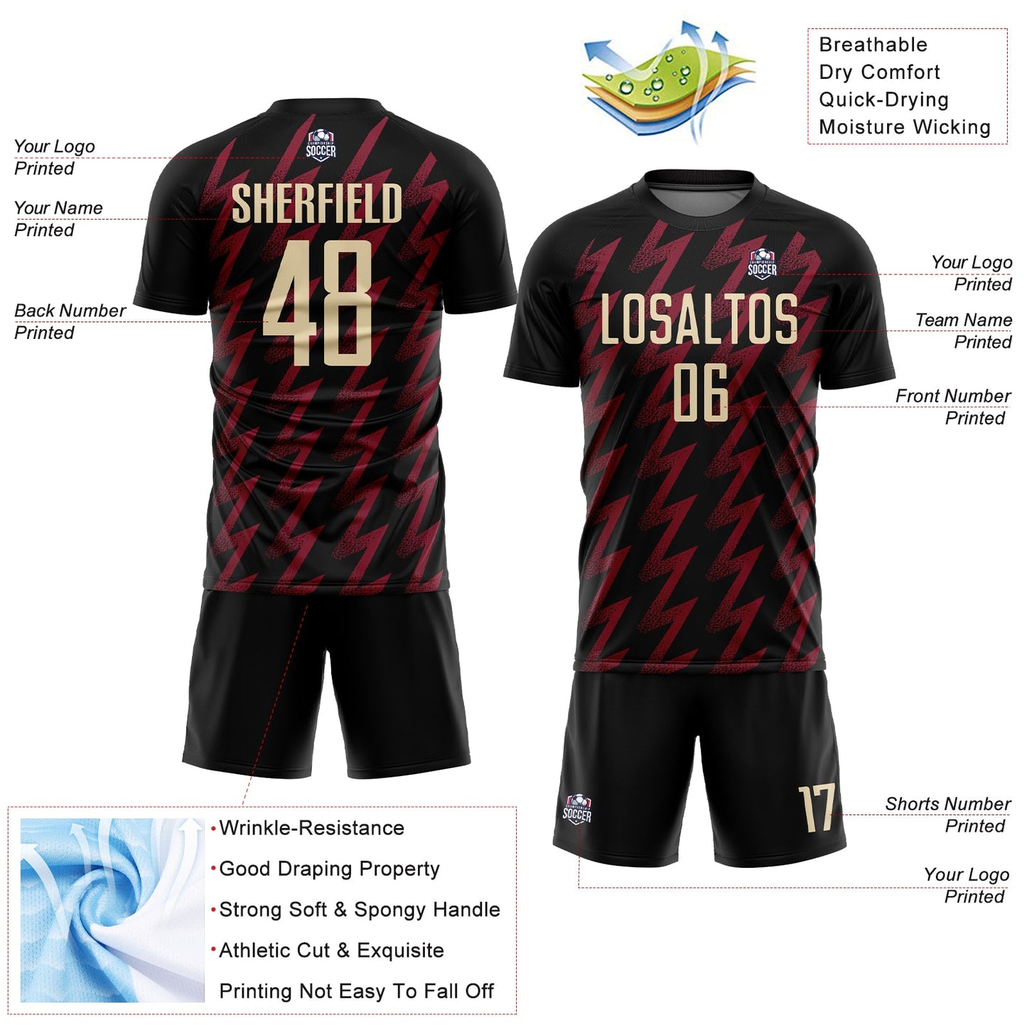 Custom Black Cream-Crimson Zigzag Shape Sublimation Soccer Uniform Jersey view 4