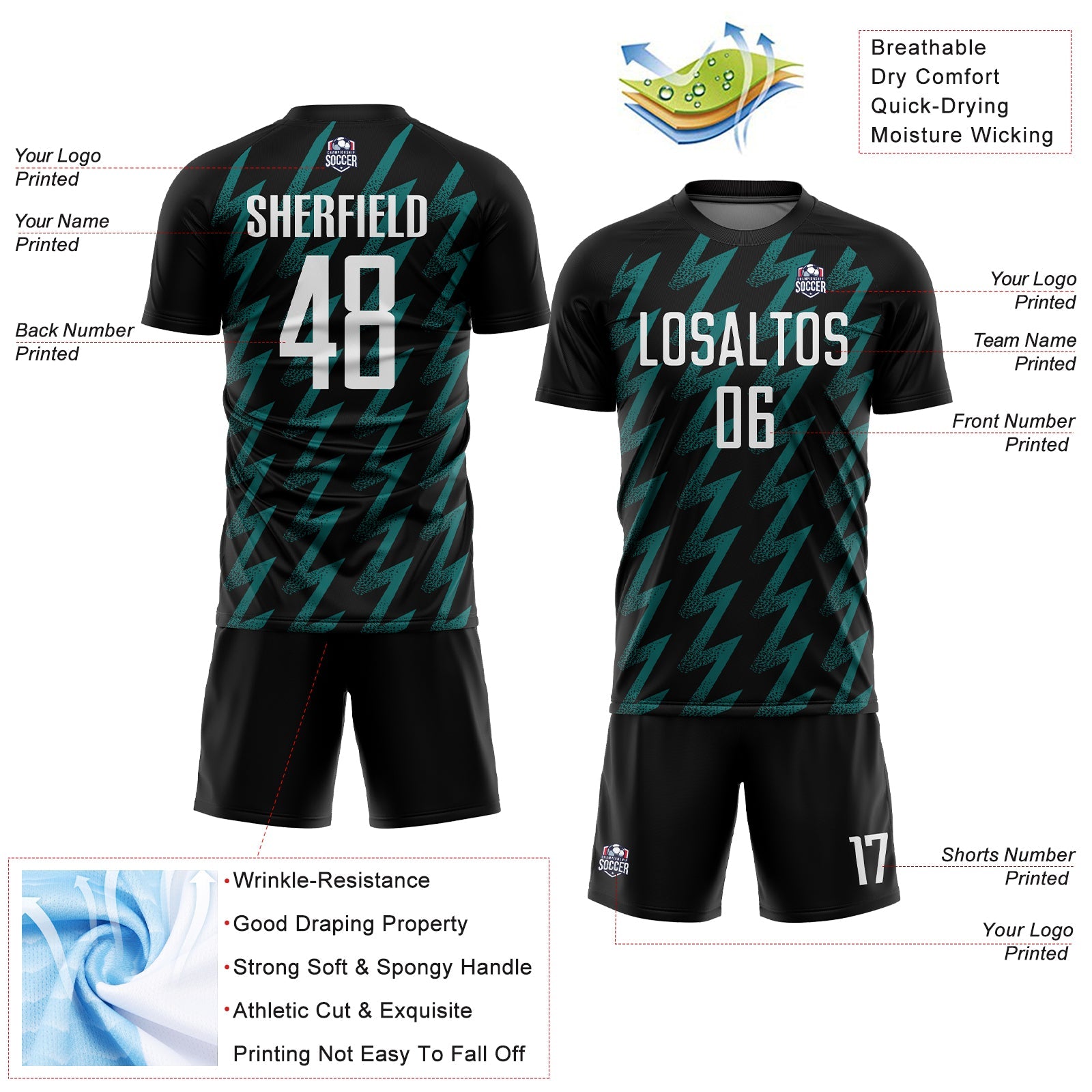 Custom Black White-Teal Zigzag Shape Sublimation Soccer Uniform Jersey view 4