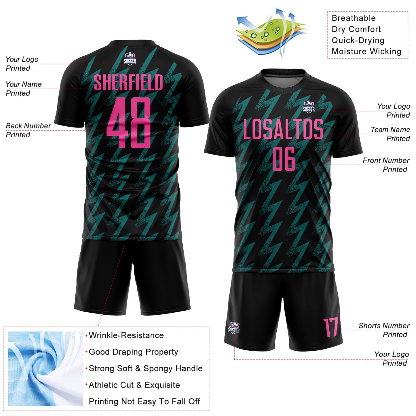 Custom Black Pink-Teal Zigzag Shape Sublimation Soccer Uniform Jersey view 4