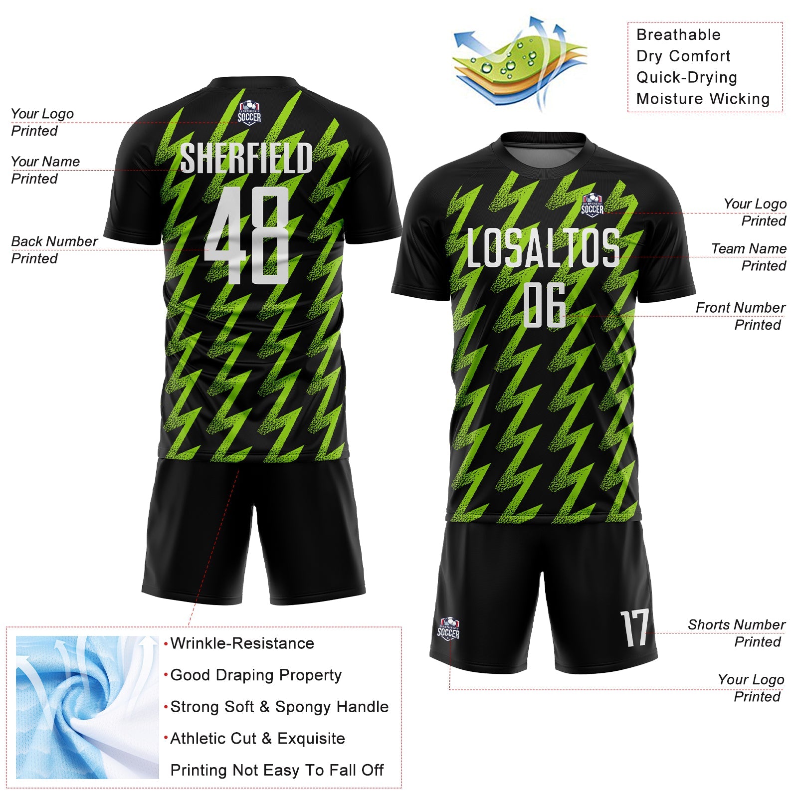 Custom Black White-Neon Green Zigzag Shape Sublimation Soccer Uniform Jersey view 4