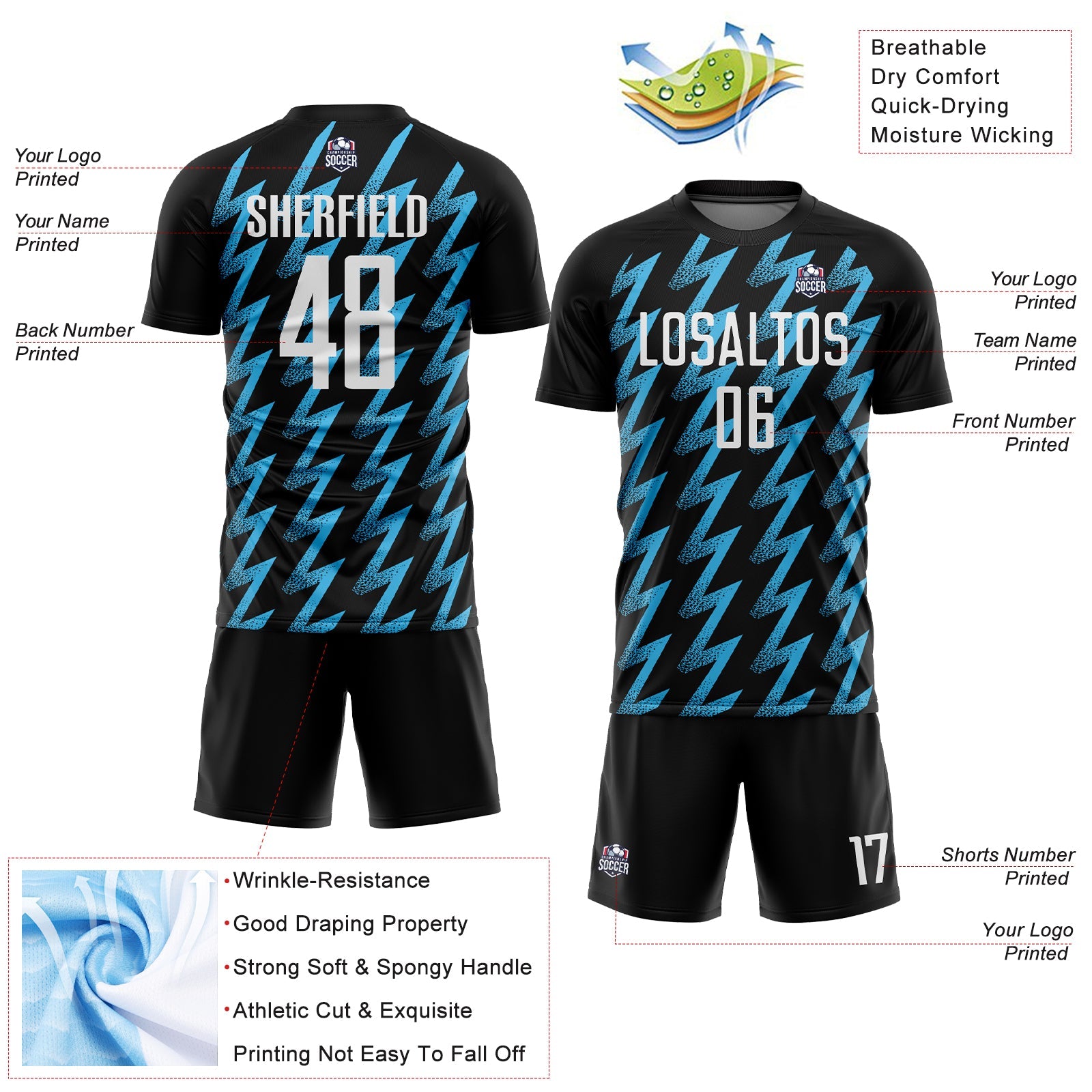 Custom Black White-Sky Blue Zigzag Shape Sublimation Soccer Uniform Jersey view 4