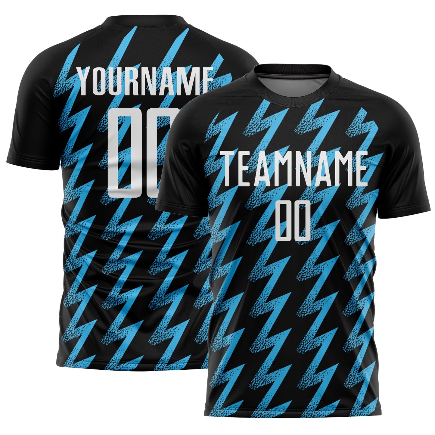 Custom Black White-Sky Blue Zigzag Shape Sublimation Soccer Uniform Jersey - Main View