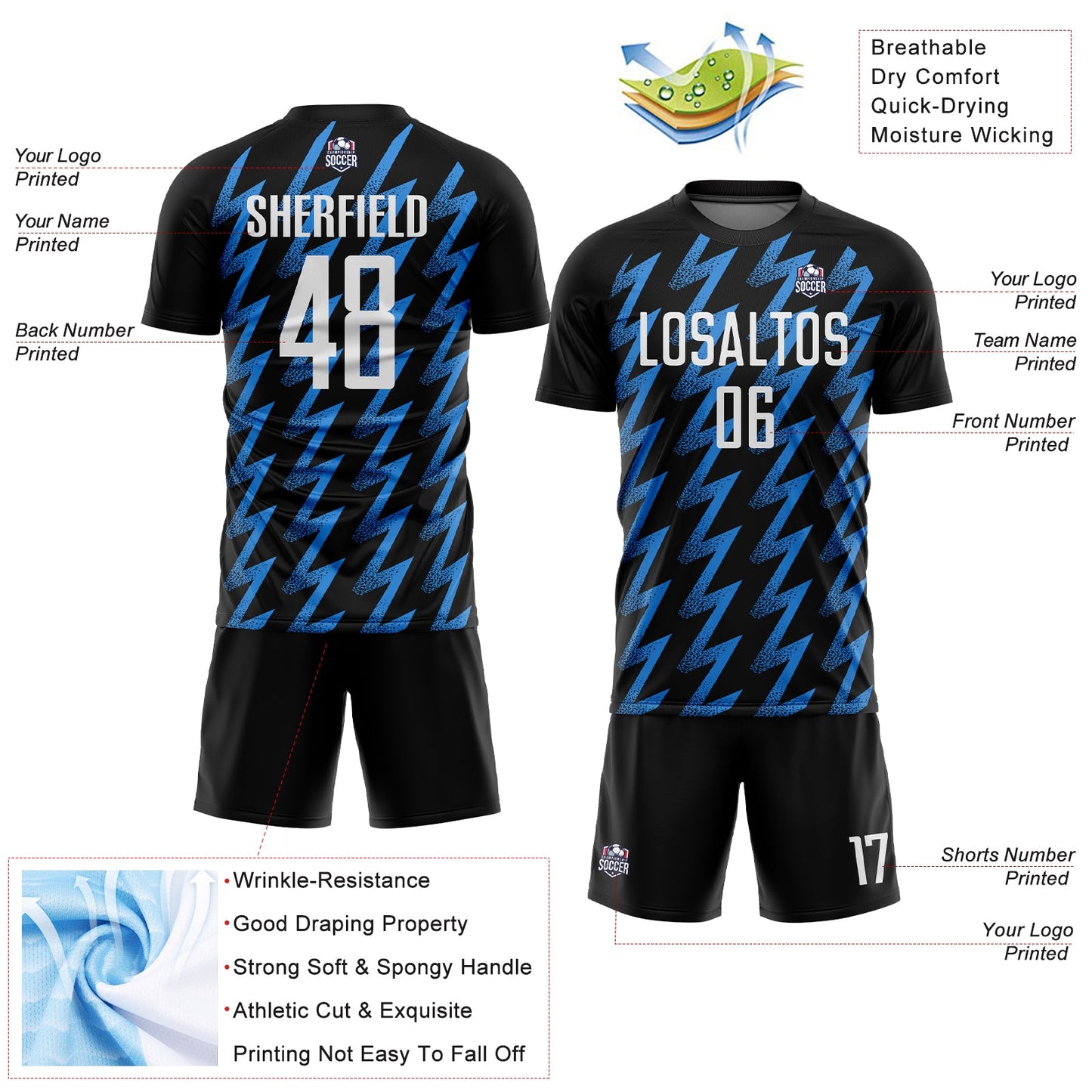 Custom Black White-Powder Blue Zigzag Shape Sublimation Soccer Uniform Jersey view 4