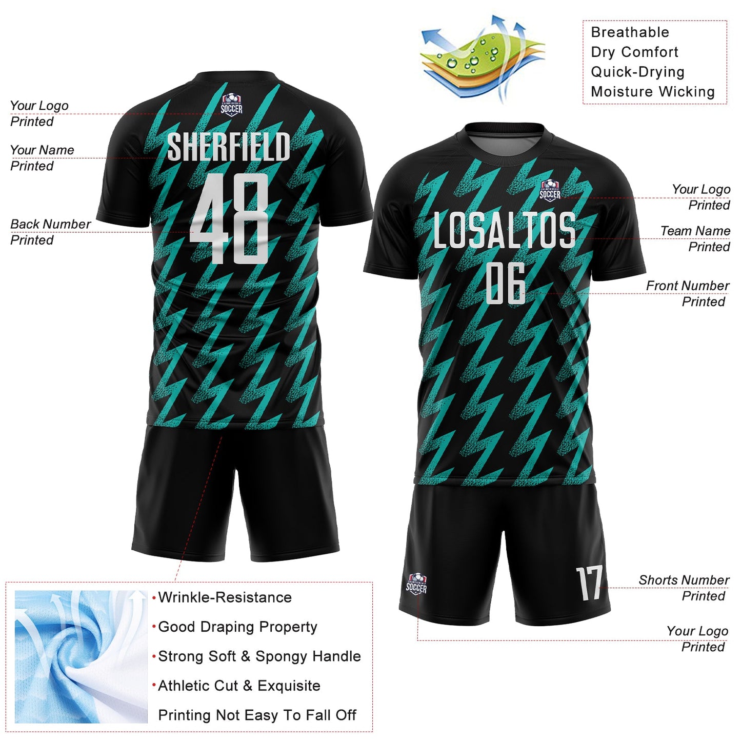 Custom Black White-Aqua Zigzag Shape Sublimation Soccer Uniform Jersey view 4