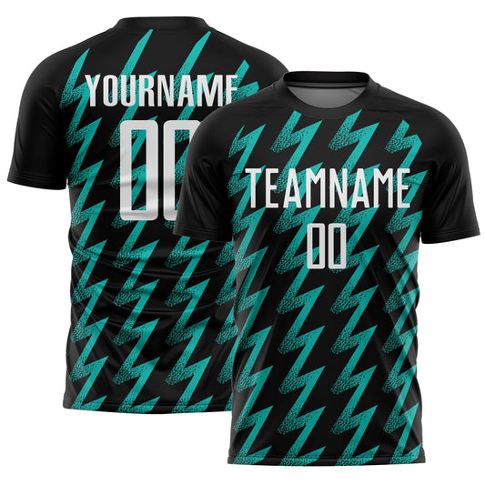 Custom Black White-Aqua Zigzag Shape Sublimation Soccer Uniform Jersey - Main View