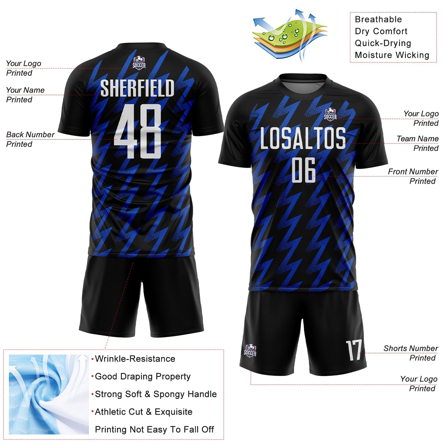 Custom Black White-Thunder Blue Zigzag Shape Sublimation Soccer Uniform Jersey view 4