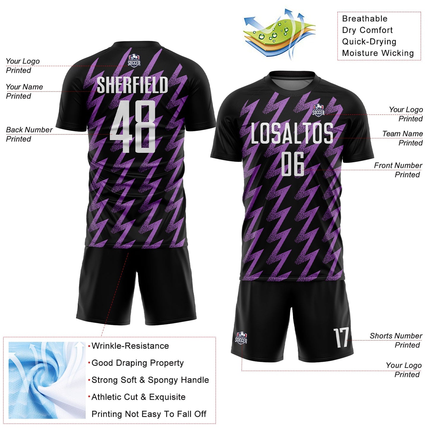 Custom Black White-Medium Purple Zigzag Shape Sublimation Soccer Uniform Jersey view 4