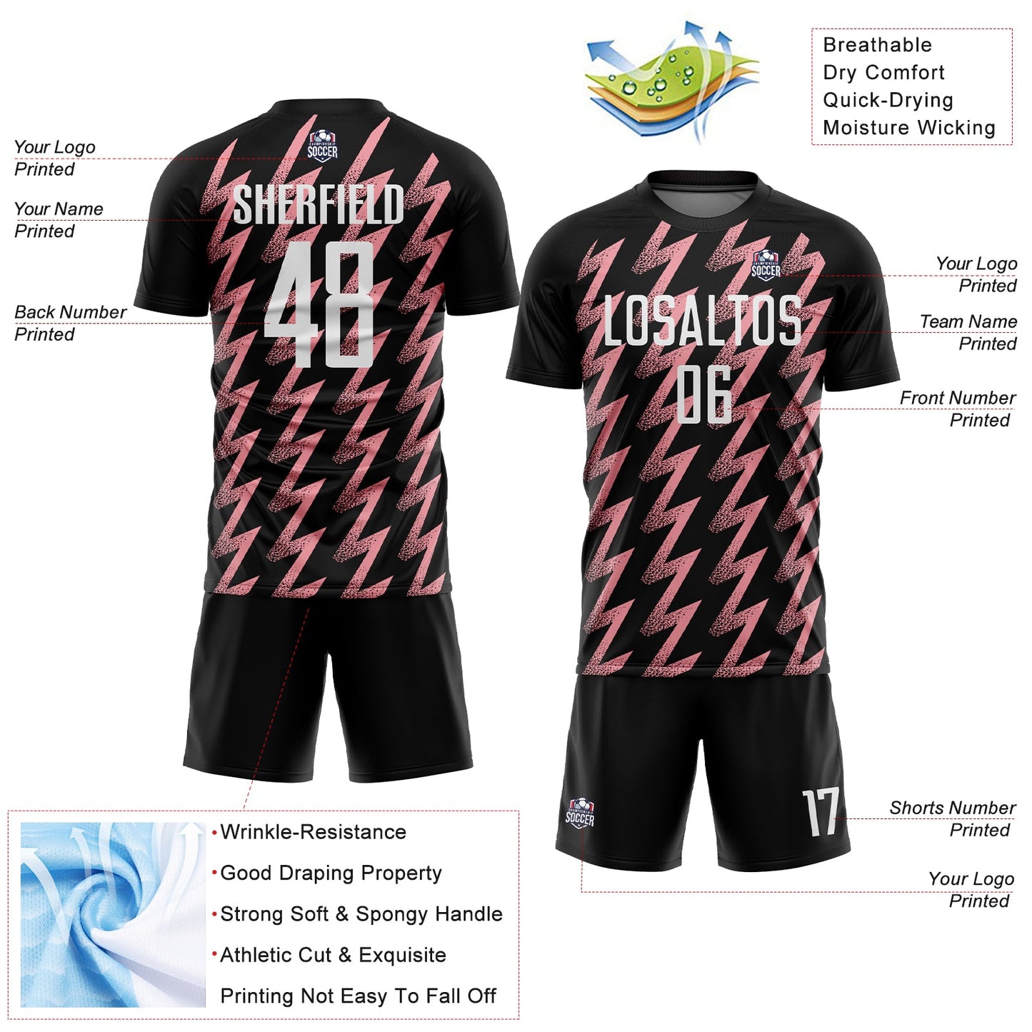 Custom Black White-Medium Pink Zigzag Shape Sublimation Soccer Uniform Jersey view 4