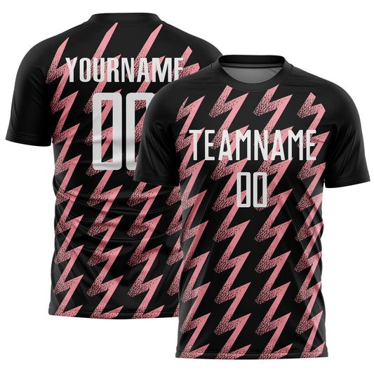 Custom Black White-Medium Pink Zigzag Shape Sublimation Soccer Uniform Jersey - Main View