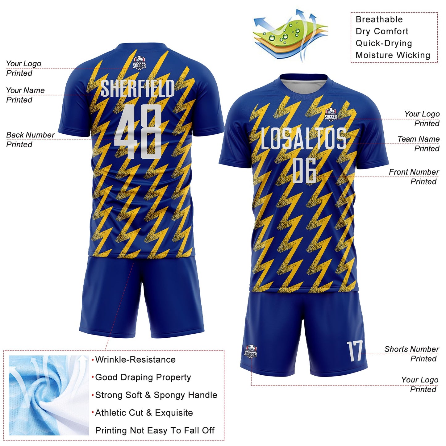 Custom Royal White-Yellow Zigzag Shape Sublimation Soccer Uniform Jersey view 4