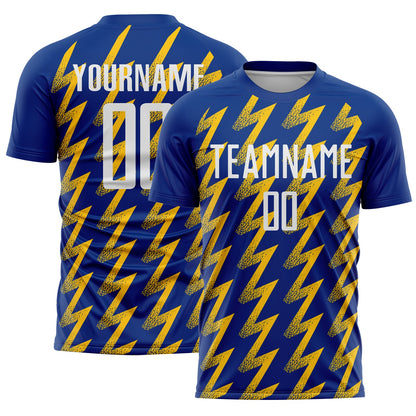 Custom Royal White-Yellow Zigzag Shape Sublimation Soccer Uniform Jersey - Main View