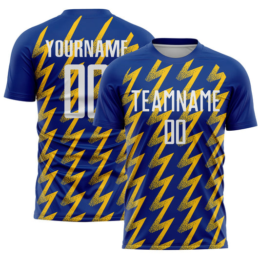Custom Royal White-Yellow Zigzag Shape Sublimation Soccer Uniform Jersey - Main View