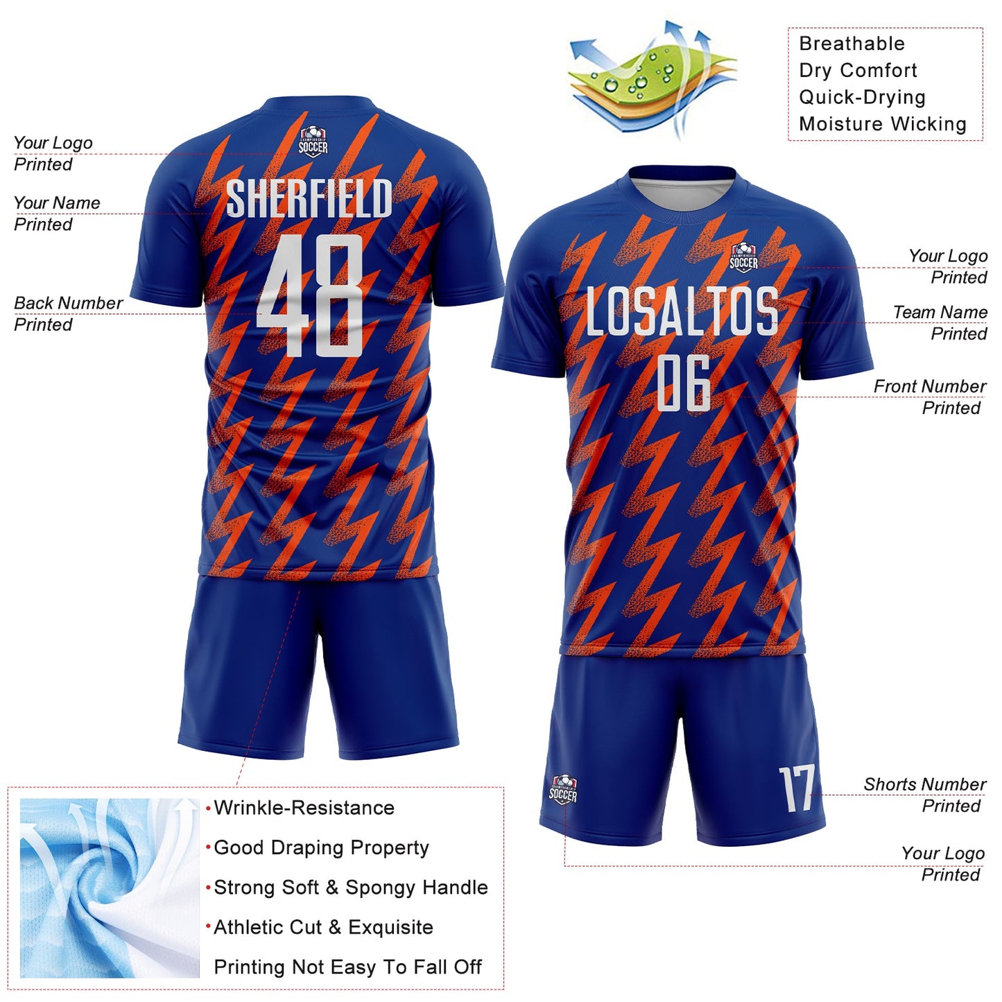 Custom Royal White-Orange Zigzag Shape Sublimation Soccer Uniform Jersey view 4